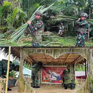 Menyambut Perayaan Natal Satgas Yonif 521/DY Dirikan Pondok dan Pohon Natal di Muaranawa