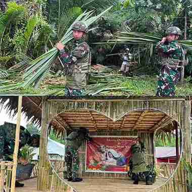 Menyambut Perayaan Natal Satgas Yonif 521/DY Dirikan Pondok dan Pohon Natal di Muaranawa