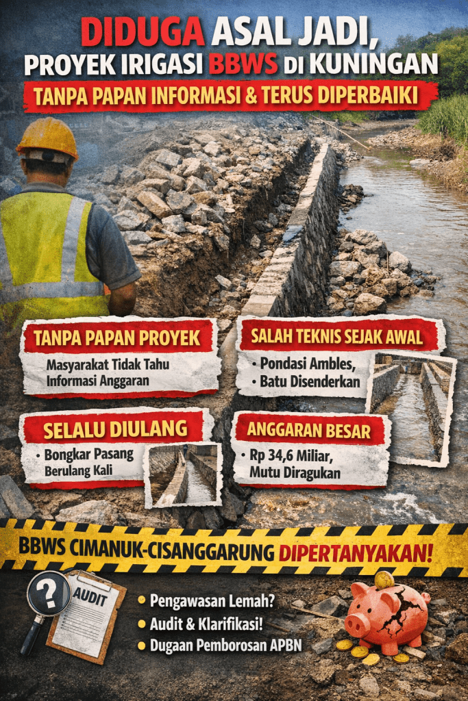 Diduga Asal Jadi, Proyek Irigasi BBWS di Kuningan Tanpa Papan Informasi dan Terus Diperbaiki